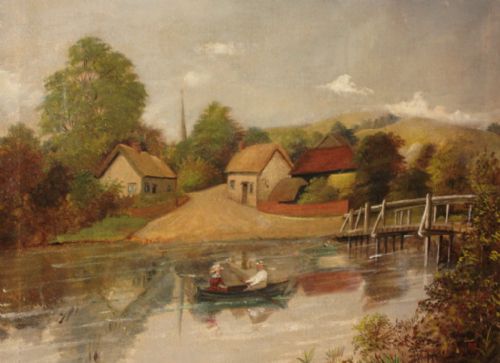 CHARMING NAIVE VICTORIAN BOATING SCENE OIL PAINTING - ADDITIONAL PHOTO 2