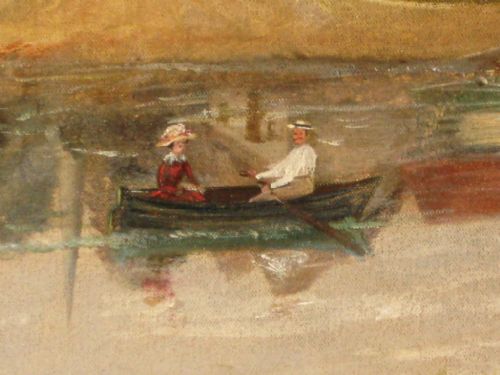 CHARMING NAIVE VICTORIAN BOATING SCENE OIL PAINTING - ADDITIONAL PHOTO 3