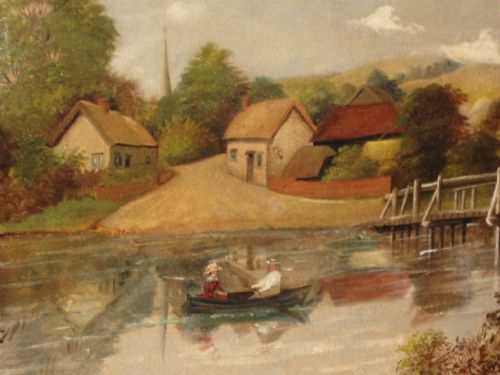 CHARMING NAIVE VICTORIAN BOATING SCENE OIL PAINTING - ADDITIONAL PHOTO 5