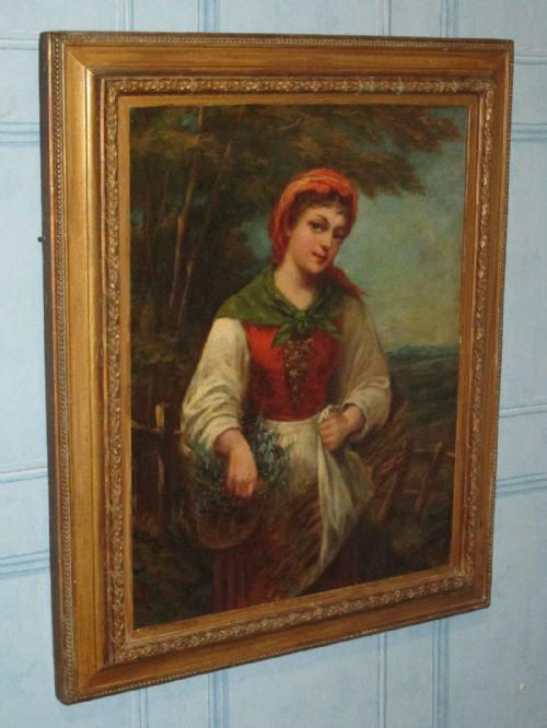 fine victorian oil painting 'gathering bluebells' - CATEGORY: ANTIQUE ART - DATED 1880