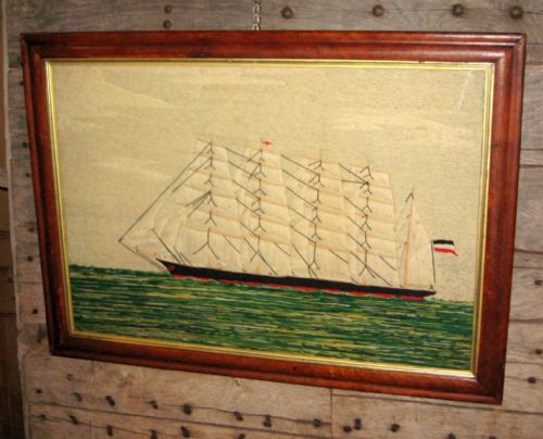 large victorian sailor woolwork of a ship - CATEGORY: ANTIQUE ART - DATED 1860