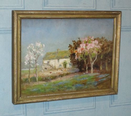 english impressionist oil painting farmhouse scene - CATEGORY: ANTIQUE ART - DATED 1920