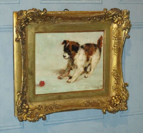 superb oil painting of a puppy playing with a ball - CATEGORY: ANTIQUE ART - DATED 1900