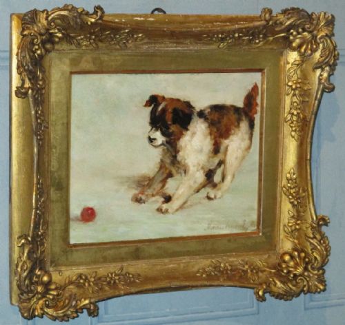 SUPERB OIL PAINTING OF A PUPPY PLAYING WITH A BALL - ADDITIONAL PHOTO 1