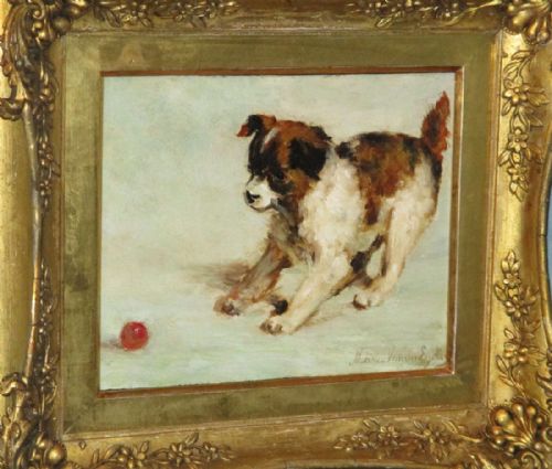 SUPERB OIL PAINTING OF A PUPPY PLAYING WITH A BALL - ADDITIONAL PHOTO 2