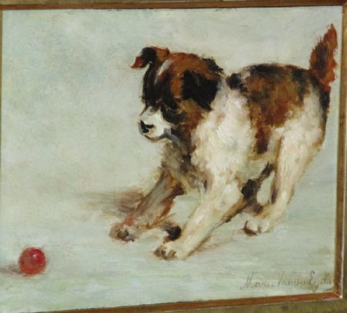 SUPERB OIL PAINTING OF A PUPPY PLAYING WITH A BALL - ADDITIONAL PHOTO 3