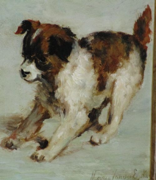 SUPERB OIL PAINTING OF A PUPPY PLAYING WITH A BALL - ADDITIONAL PHOTO 4