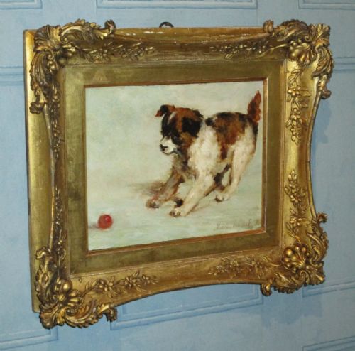 SUPERB OIL PAINTING OF A PUPPY PLAYING WITH A BALL - ADDITIONAL PHOTO 6