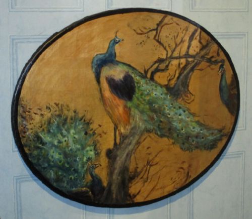 striking oil painting of peacocks on gold background - CATEGORY: ANTIQUE MISCELLANEOUS - DATED 1880