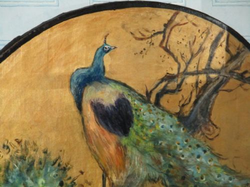 STRIKING OIL PAINTING OF PEACOCKS ON GOLD BACKGROUND - ADDITIONAL PHOTO 1