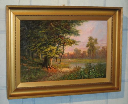 woodland landscape oil painting by joel owen - CATEGORY: ANTIQUE ART - DATED 1920