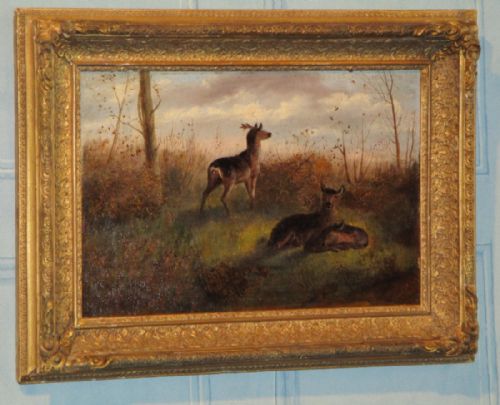 victorian oil painting of deer - CATEGORY: ANTIQUE ART - DATED 1880