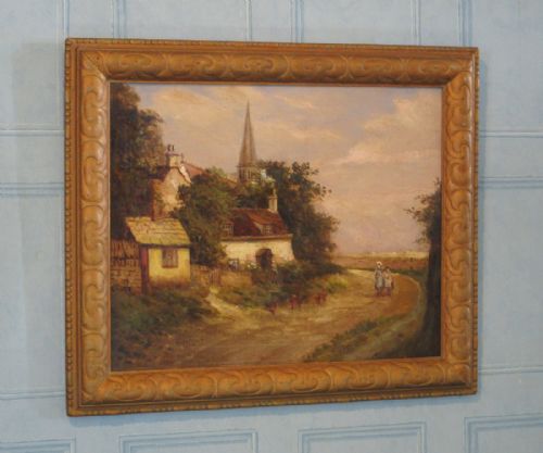 victorian oil painting village scene by charles potter - CATEGORY: ANTIQUE ART - DATED 1900
