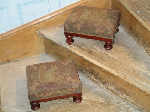 pair victorian footstools with original animal needleworks - CATEGORY: ANTIQUE STOOLS - DATED 1850