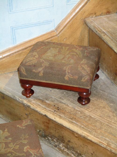 PAIR VICTORIAN FOOTSTOOLS WITH ORIGINAL ANIMAL NEEDLEWORKS - ADDITIONAL PHOTO 3