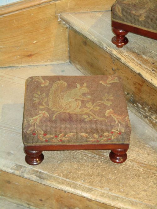 PAIR VICTORIAN FOOTSTOOLS WITH ORIGINAL ANIMAL NEEDLEWORKS - ADDITIONAL PHOTO 4