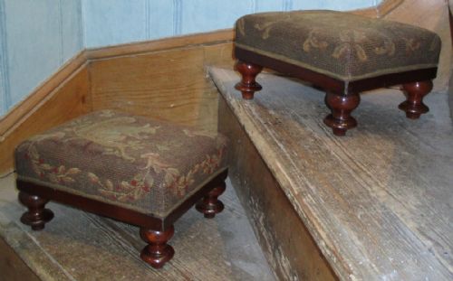 PAIR VICTORIAN FOOTSTOOLS WITH ORIGINAL ANIMAL NEEDLEWORKS - ADDITIONAL PHOTO 6