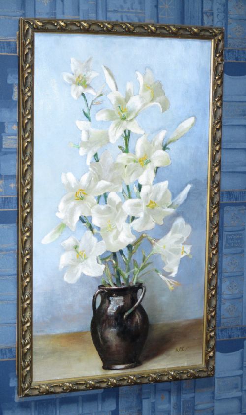 'lilies' still life oil painting by alfred charles conrade - CATEGORY: ANTIQUE ART - DATED 1910