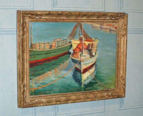 oil painting of boats at harbour - CATEGORY: ANTIQUE ART - DATED 1930