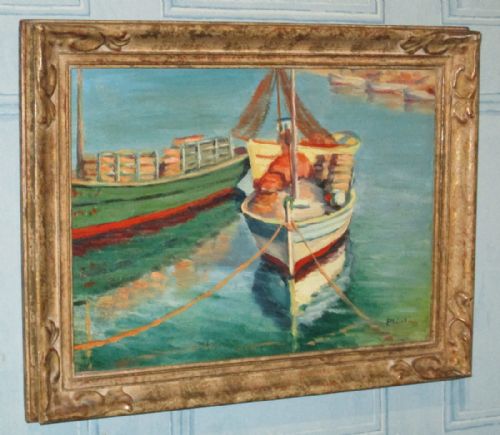 OIL PAINTING OF BOATS AT HARBOUR - ADDITIONAL PHOTO 1