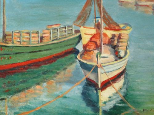 OIL PAINTING OF BOATS AT HARBOUR - ADDITIONAL PHOTO 3