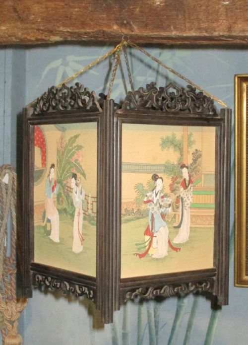 chinese painted silk and hardwood lantern - CATEGORY: ANTIQUE LIGHTING - DATED 1920