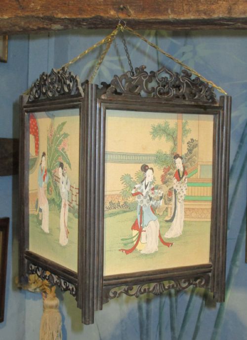 CHINESE PAINTED SILK AND HARDWOOD LANTERN - ADDITIONAL PHOTO 1