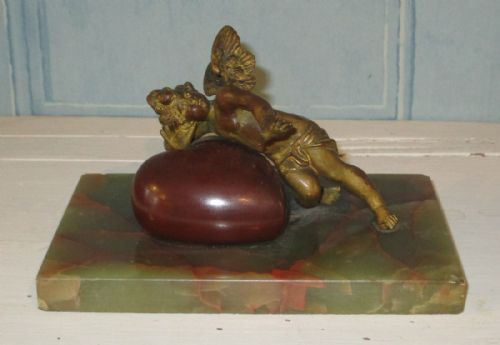 french gilt bronze cherub listening to a heart - CATEGORY: ANTIQUE METAL - DATED 1890