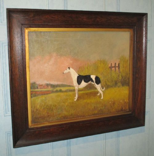 superb naive oil painting of a greyhound - CATEGORY: ANTIQUE ART - DATED 1910