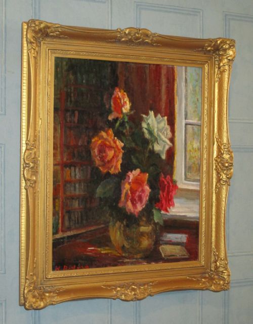 'june roses' oil painting by harold riding rca - CATEGORY: ANTIQUE ART - DATED 1940