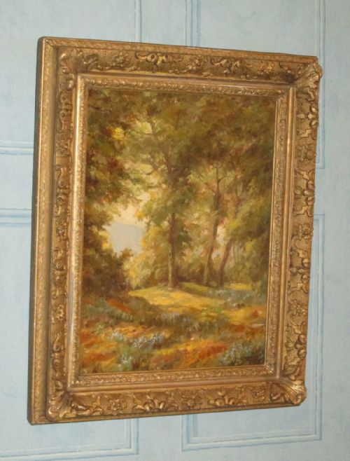 woodland scene oil painting by hbarnett - CATEGORY: ANTIQUE ART - DATED 1920