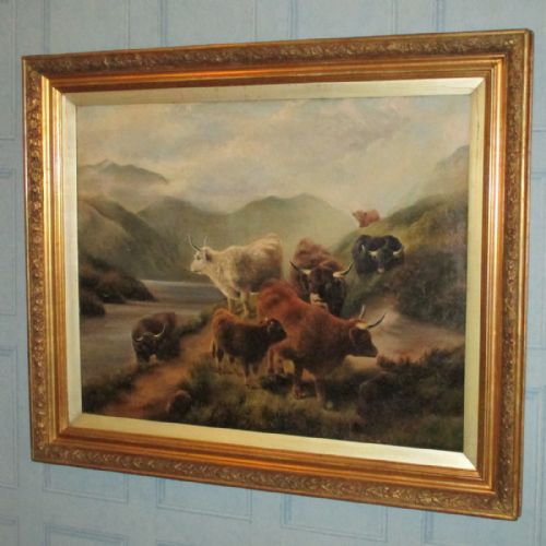 large oil painting of highland landscape and cattle - CATEGORY: ANTIQUE ART - DATED EDWARDIAN