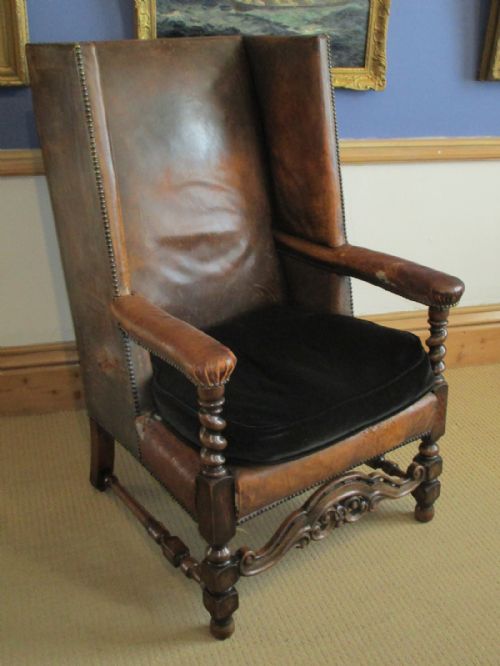 fine original leather wing chair - CATEGORY: ANTIQUE CHAIRS - DATED 1920