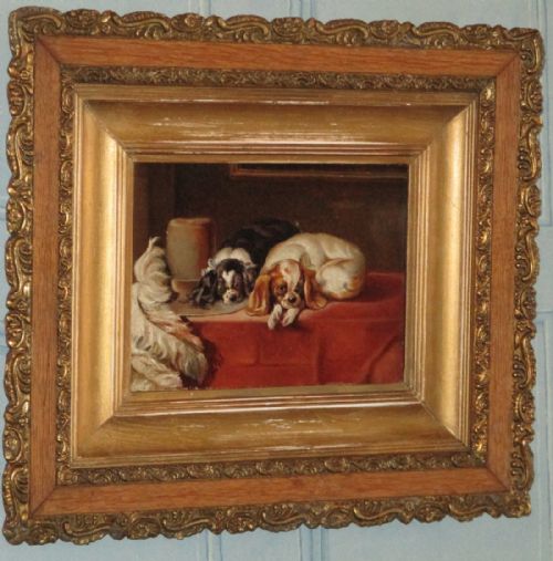 victorian spaniel dogs oil painting after landseer - CATEGORY: ANTIQUE ART - DATED 1890