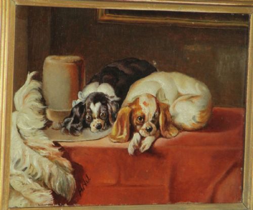 VICTORIAN SPANIEL DOGS OIL PAINTING AFTER LANDSEER - ADDITIONAL PHOTO 2