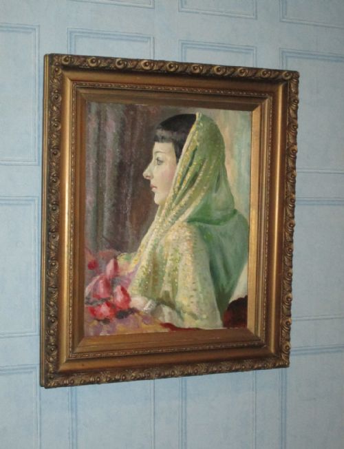 stylish art deco oil portrait of a lady - CATEGORY: ANTIQUE ART - DATED 1930