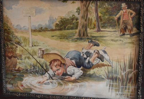 PAIR OF EDWARDIAN COMIC FISHING WATERCOLOURS - ADDITIONAL PHOTO 2
