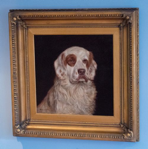 fine oil painting of a dog by monica f gray - CATEGORY: ANTIQUE ART - DATED 1910