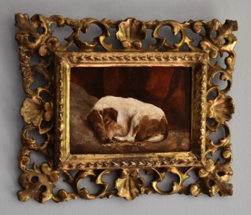 miniature oil painting of a sleeping terrier dog - CATEGORY: ANTIQUE ART - DATED 1900