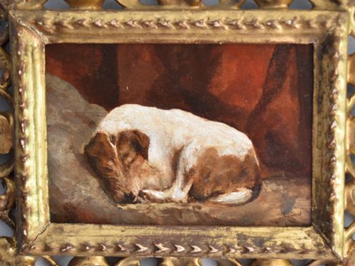 MINIATURE OIL PAINTING OF A SLEEPING TERRIER DOG - ADDITIONAL PHOTO 1