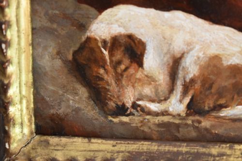 MINIATURE OIL PAINTING OF A SLEEPING TERRIER DOG - ADDITIONAL PHOTO 2