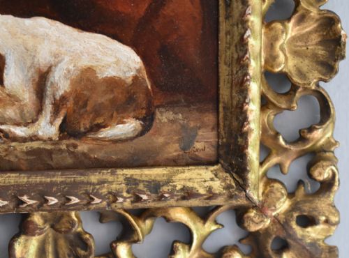 MINIATURE OIL PAINTING OF A SLEEPING TERRIER DOG - ADDITIONAL PHOTO 3