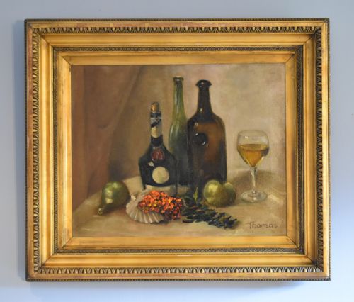 still life oil painting of bottles - CATEGORY: ANTIQUE ART - DATED 1940
