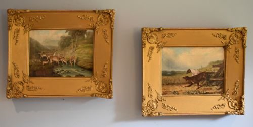 pair of fine oil paintings of dogs and deer - CATEGORY: ANTIQUE ART - DATED 1800