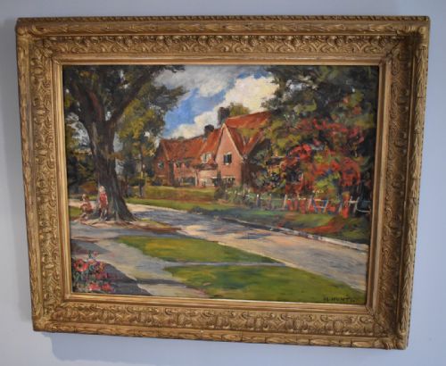 landscape oil painting with children by nancy huntly - CATEGORY: ANTIQUE ART - DATED 1930