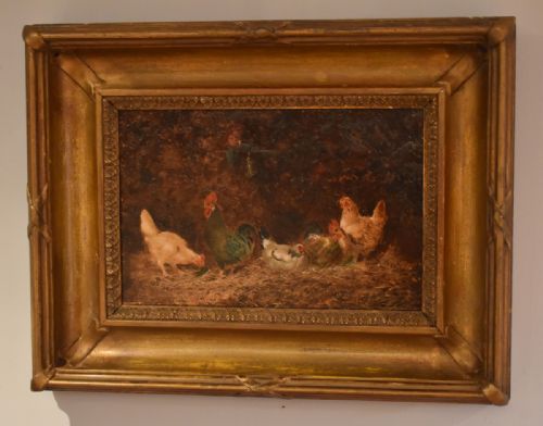 fine dutch oil painting of chickens - CATEGORY: ANTIQUE ART - DATED VICTORIAN