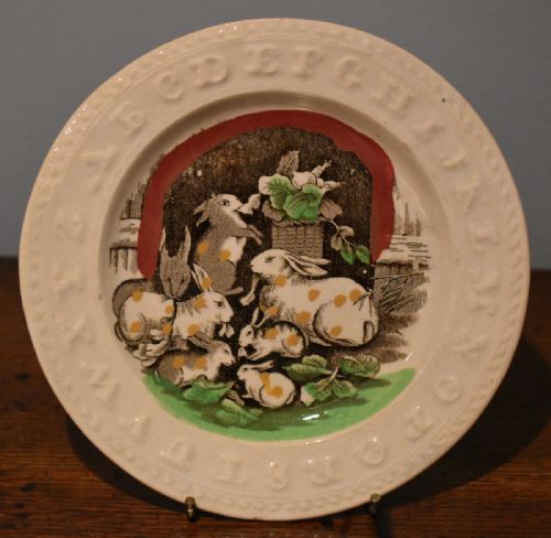 rare victorian children's plate with rabbits - CATEGORY: ANTIQUE PLATES - DATED 1850