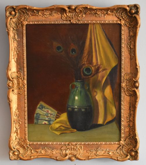Still Life Oil Painting of Peacock Feathers