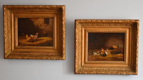 fine pair of oil paintings of chickens - CATEGORY: ANTIQUE ART - DATED 1870
