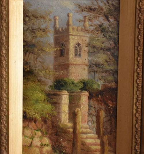 SMALL VICTORIAN OIL PAINTING OF GULVAL CHURCH CORNWALL - ADDITIONAL PHOTO 2